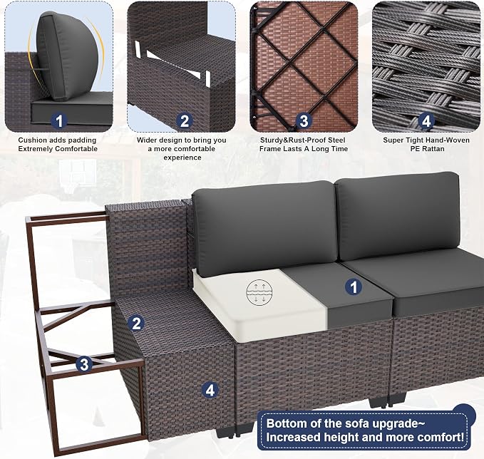 Kurapika 14 Pieces Patio Furniture Set, Rattan Wicker Outdoor Conversation Sets w/43in Propane Fire Pit Table and 4 Inch Cushion(Grey)