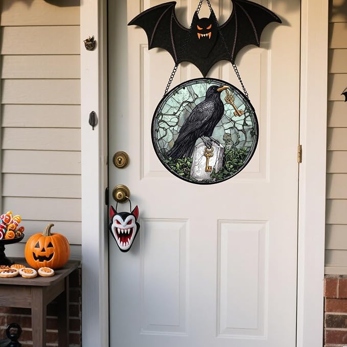 Stained Glass Window Hanging - Halloween Crow Holding A Key Suncatcher for Doors Garden Home Spooky Green Vines Sun Catchers Gothic Decor Horror Gift for Women Men Friend Boy Girl 15 in