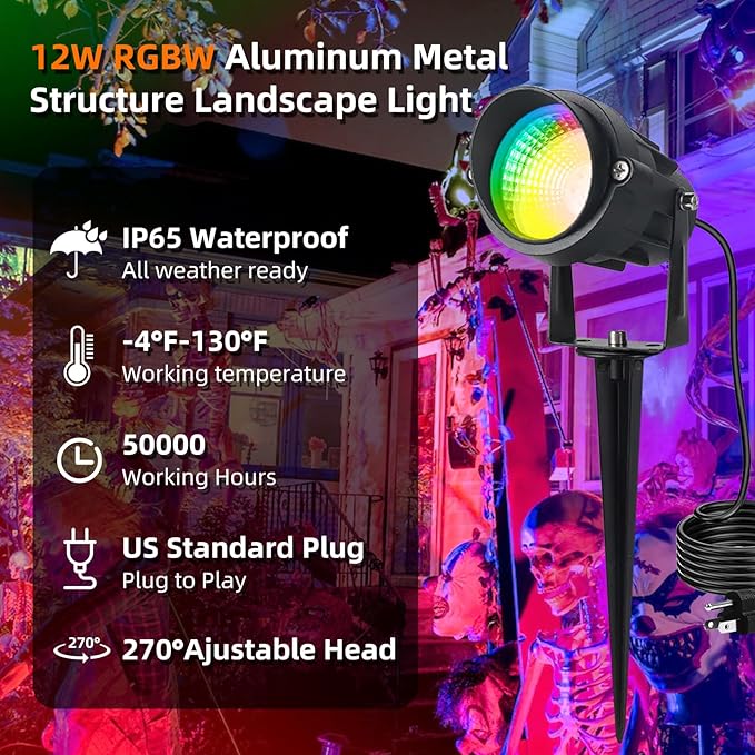 RGBW Spot Lights Outdoor, 12W Color Changing Landscape Lighting, IP65 Waterproof Outdoor Spotlight with 120V Plug in & Remote for House Garden Path Tree Patio Lawn Decoration （4 Pack
