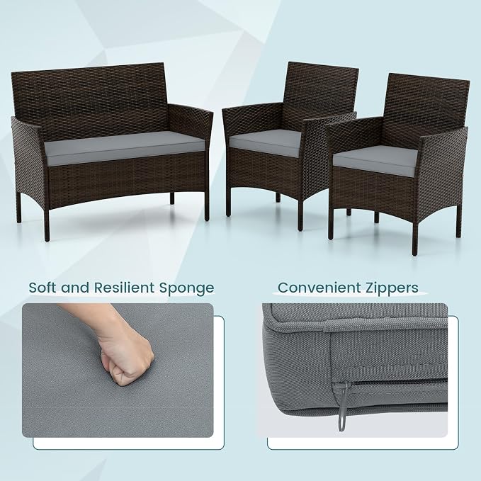 DORTALA Wicker Patio Furniture Set 4 Piece, Outdoor PE Rattan Table & Chairs Set with Tempered Glass Coffee Table, Loveseat, Cushions, Conversation Set for Balcony, Porch, Backyard, Deck, Gray
