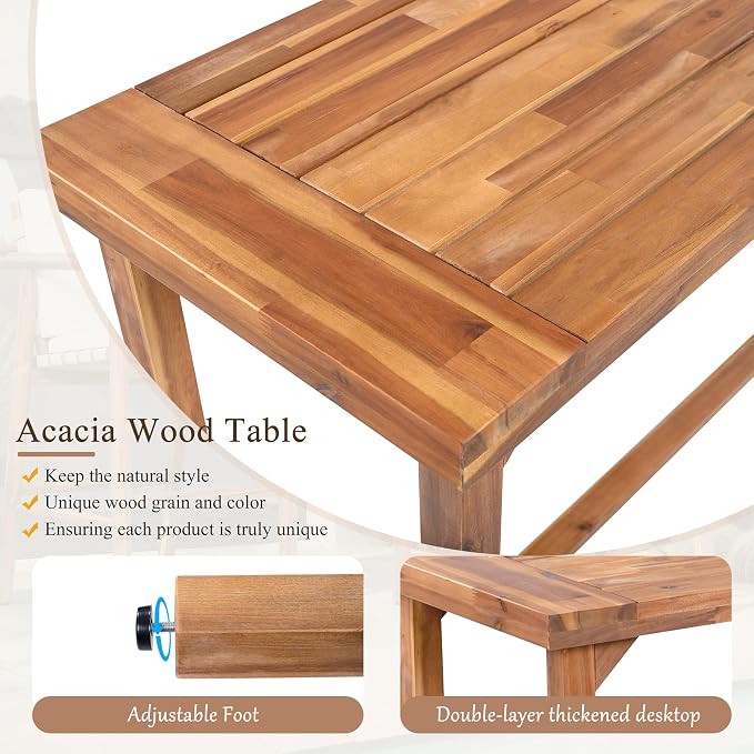 6 Piece Outdoor Bar Set for 4, 2 Patio Acacia Wood Bar Height Table & 4 Stools with Removable Cushions, Wood Dining Bar Set with Adjustable Feet for Patio, Balcony, Poolside, Beige+Natural