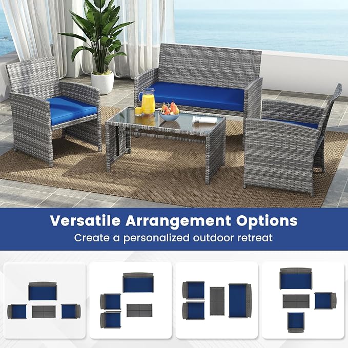 Tangkula 8 Piece Patio Wicker Furniture Set, Outdoor Heavy Duty Rattan Cushioned Chairs, Loveseat and Tempered Glass Coffee Table, for Backyard, Balcony, Poolside