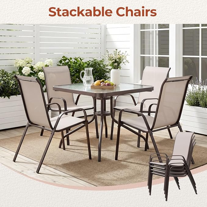 TLSUNNY Patio Dining Set 5 Pieces, All Weather Outdoor Furniture W/30"X 30" Table and 4 Stackable Textilene Chairs, Metal Table and Chairs for Patio, Lawn, Garden, Poolside, Backyard (Beige)