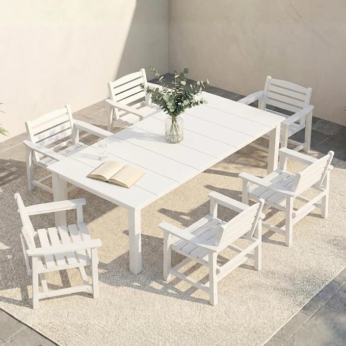 7-Piece Outdoor Dining Set with Aluminum Frame for 6,White | HDPE material, 2" umbrella hole, patio table and chairs, ideal for yard, lawn, garden, balcony, deck, poolside