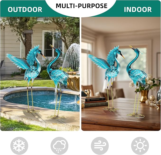 36.8" Metal Crane Garden Statue, Oversized Heron Yard Decor | Handcrafted with 3DTexture, Hand-Painted, U-ground Stakes for Stability, Weather Resistant Iron, Backyard Lawn Pond Patio