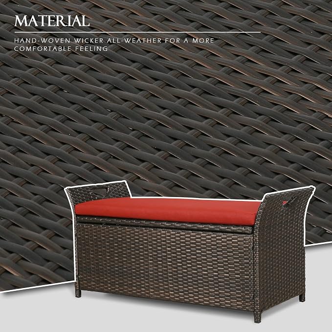 40 Gallon Outdoor Storage Bench Rattan Deck Box Patio Steel Frame Wicker Storage Container with Cushion, Red NPT-900004