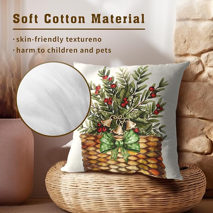 Winter Holiday Throw Pillow Covers Set of 2, 20x20 Inch Pine Branches Leaves Red Berry Basket Decorative Cotton Square Pillowcases for Sofa Bed Couch Patio Porch Home Decor