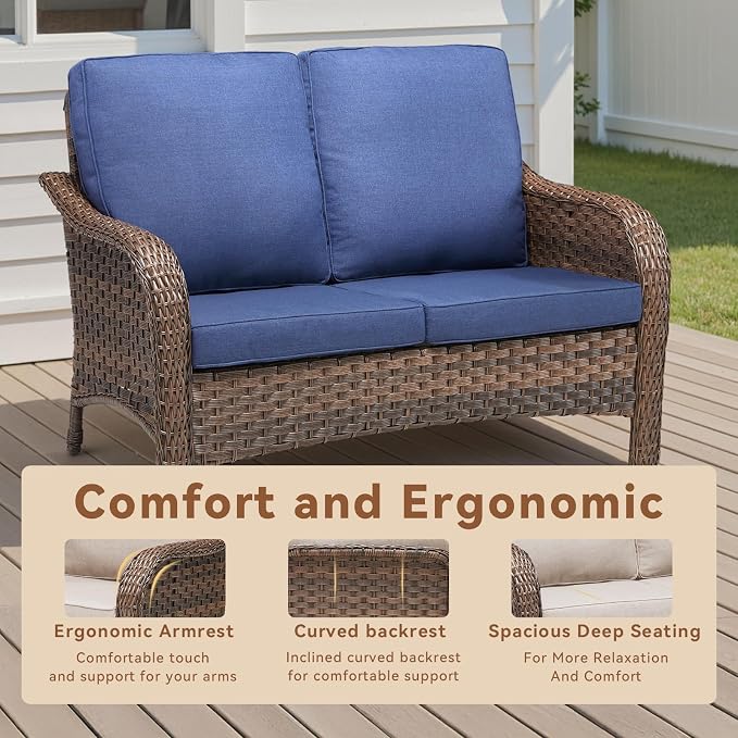 3 PCS Patio Furniture Set, Outdoor Wicker Loveseat with 2 Ottomans, 4-Inch Thick Olefin Cushions & Curved Armrests, 300 lbs Capacity Rattan Sofa Set for Porch, Balcony, Backyard, Blue