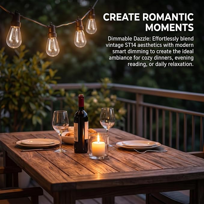 Outdoor String Lights 50FT, RGBW Clear ST14 Bulbs with App Control | 20 ST14 clear bulbs with app control, remote control, music mode, timer for backyard, pergola, deck and gatherings