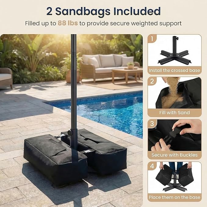 Happygrill 9FT Solar Patio Umbrella, Outdoor Market Table Umbrella with 32 LED Lights, Weighed Base, 2 Sandbags, Tilt & Crank, 8 Ribs, Fabric Canopy Sunshade, Vented Top for Garden Deck Pool Backyard (Gray)