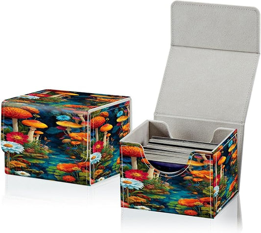 Card Deck Box for MTG, Cards Storage Box Fits 120+ Sleeved, Leather Small Size Strong Magnetic Closing Card Case for Board Games Magic TCG CCG Baseball Collection, Mushroom Red Flower