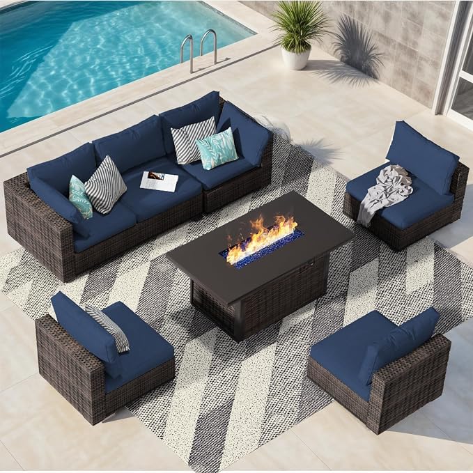 Patio Furniture Set with Fire Pit Table, Outdoor Sectional Rattan Sofa Set, Patio Set Seating Furniture with Thickened Cushions (Blue, 7 Pieces)