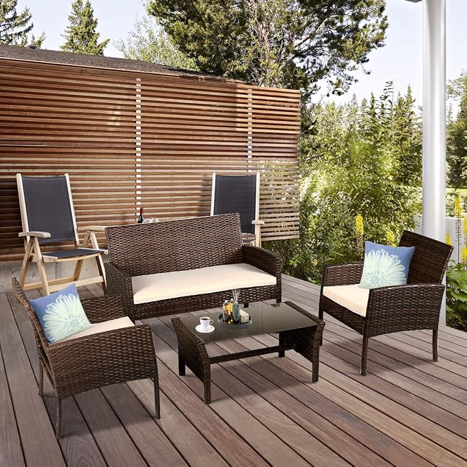 Tangkula Brown 4PCS Patio Rattan Furniture Converstation Set