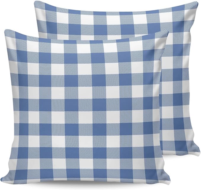 Outdoor Waterproof Throw Pillow Covers Set of 2 Buffalo Plaid Blue Check Pillowcases 18x18 Inches Farmhouse Style Patio Decorative Pillows Cushion Case Patio Pillows for Couch Bed Chair Garden