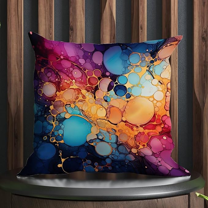 Ink Rainbow Shapes with Gold Pillow Cover Abstract Alcohol Ink Textures Throw Pillow Cover Rustic Outdoor Garden Decoration for Bedroom Sofa Bench Porch 16x16 in