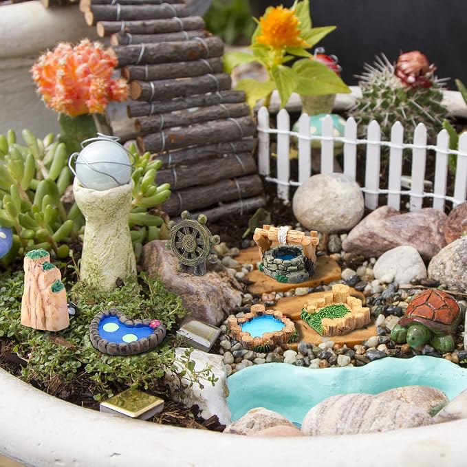 Meooeck 24 Pcs Miniature Garden Accessories Mini Fairy Bridge Figurines Pond Garden Decor Micro Landscape Lighthouse Water Well Ornament for Yard DIY Craft