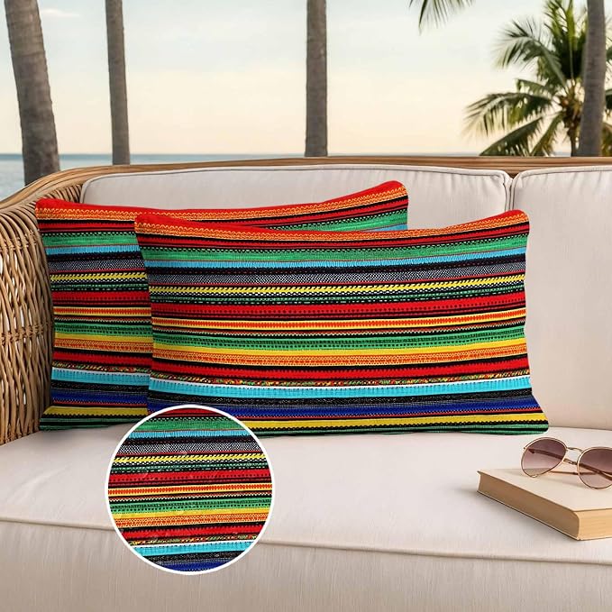 Colorful Stripes Outdoor Waterproof Throw Pillow Covers Set of 2, 20"x12", Mexican Aztec Abstract Ethnic Decorative Pillow Covers Outside Cushion Case for Patio Porch Garden