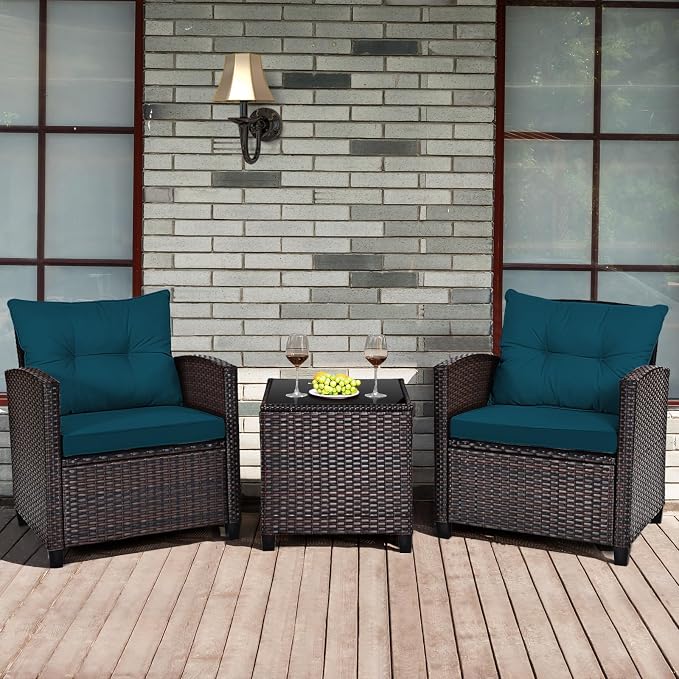3-Pieces Patio Furniture Set, PE Wicker Chairs Sofa Set with Removable Cushions & Glass Top Side Table, Outdoor Wicker Rattan Conversation Chair for Porch,Backyard, Balcony (Peacock Blue)