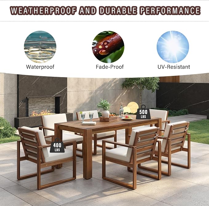 Rustic 7 Piece Patio Table and Chairs Set, Outdoor Dining Set for 6 with Umbrella Hole and Removable Cushion,for Garden Backyard Lawn Poolside (Mocha#X)