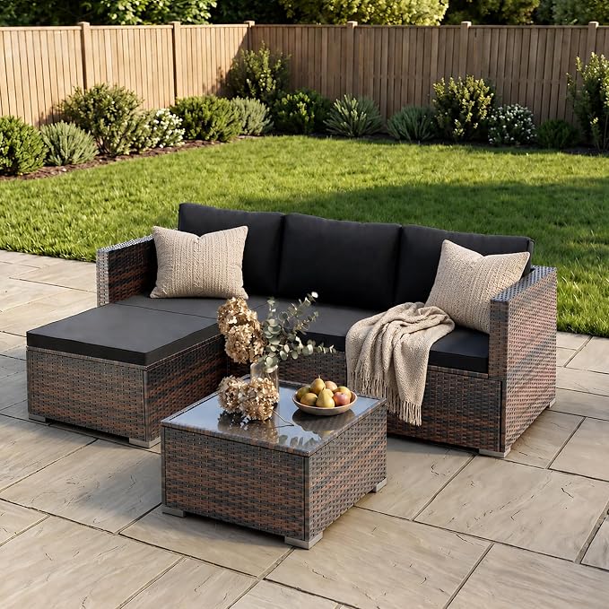 Patio Furniture Set - All-Weather -5 Piece Outdoor Patio Conversation Couch Sets, Modular Wicker Rattan Sectional Sofa for Garden, Patio, Poolside, Backyard, Balcony, Porch,Medium Gray