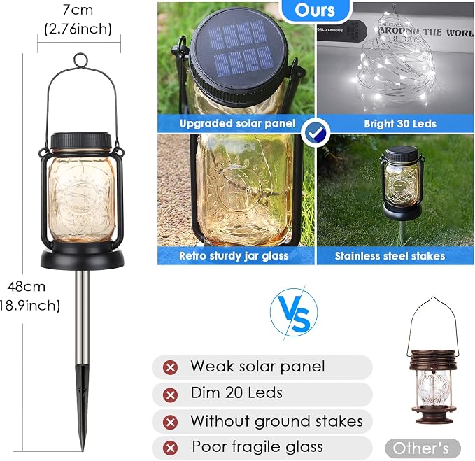 4 Pack Solar Mason Jar Hanging Lantern with Stakes, Cool White | Solar Fairy String Lights, Vintage Glass Lamp, Waterproof, Bright, for Indoor Outdoor Yard Patio Path Tree Xmas Decor