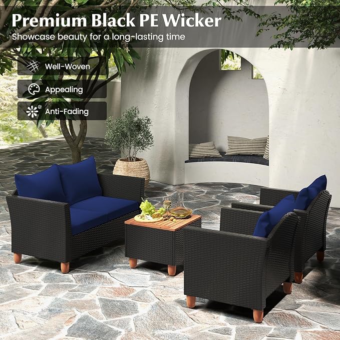 Tangkula 8 Piece Outdoor Conversation Set, Patio Cushioned Chairs w/Storage Coffee Table, Acacia Wood Tabletop & Chair Legs, Patio Wicker Furniture Set for Poolside, Lawn, Porch (2, Navy)