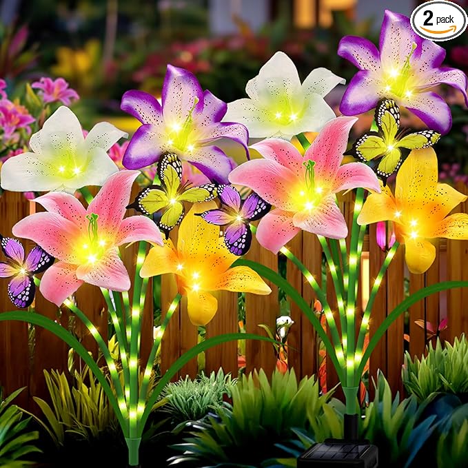 Solar Garden Lights 2 Pack 8 Lily Flowers with Butterfly Decor,Gifts for Mom Woman Birthday Solar Flower Lights for Outside,Cemetery Flowers for Grave - Decorative Lilies for Yard, Patio, Pathway