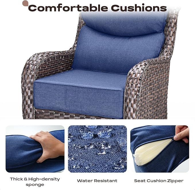 Rilyson Outdoor Patio Furniture Set - Weather Resistant Wicker,High Back,6 inch Cushions,4 Piece Patio Furniture Set with Swivel Rocker Chairs and Ottomans for Deck Porch Yard,Brown/Blue