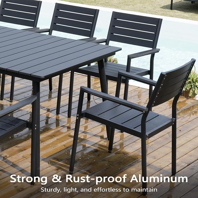 9-Piece Outdoor Dining Set for 8 Person with Black Wood-Grain Top | Armrest Stackable Chairs with 19.4" Seat Depth, Aluminum Frame Dining Furniture with Umbrella Hole for Deck, Porch & Backyard