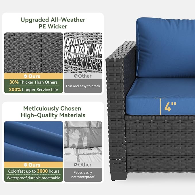 Aoxun Patio Furniture Set with Fire Pit Table, 6 Seats Outdoor Furniture Set with Wicker Ottomans, Rattan Outdoor Sectional Sofa with Thickened Cushion & Waterproof Cover Navy Blue