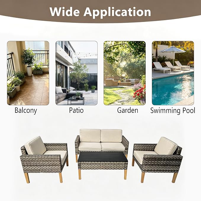 DECMICO 4 Piece Rattan Conversation Bistro Set, Outdoor Wicker Patio Furniture Set, All-Weather PE Rattan Chairs with Cushions for Backyard, Balcony, Garden, Beige
