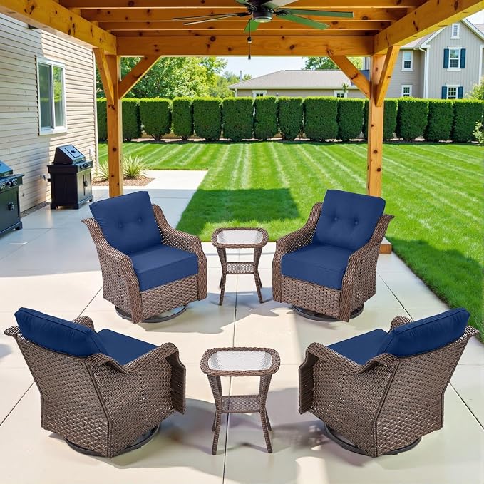 Belord 6-inch Thick Cushion Patio Furniture Set - Outdoor Swivel Rocker Glider Chairs Set of 4 with Glass Top Side Table, All-Weather Wicker Patio Conversation Set for Deck Balcony Sunroom