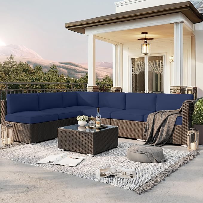 SUNCROWN 7-Piece Outdoor Patio Furniture Sofa Set All-Weather Black Wicker Sectional Cushioned Washable Seat Conversation Set with Modern Glass Coffee Table and Cushions, Backyard, Garden, Dark Blue