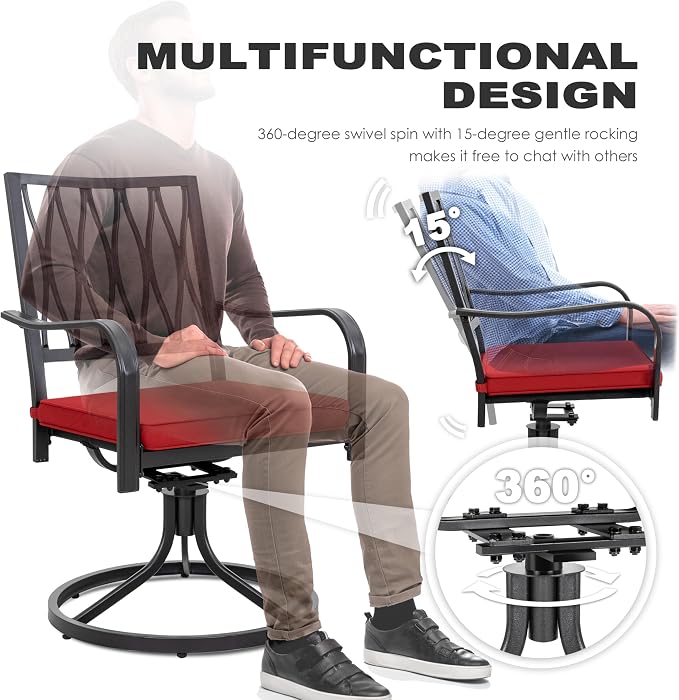 NUU GARDEN 7 Piece Outdoor Dining Set, Outdoor Furniture Set for Rectangle Iron Umbrella Dining Table and 6 Cushioned Swivel Chairs, Black and Red Cushion