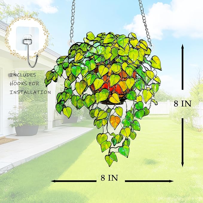 Plant Suncatcher Glass, Stained Glass Suncatcher Plant Window Hanging, Unique Nature Lover Gifts Leaf (Green)