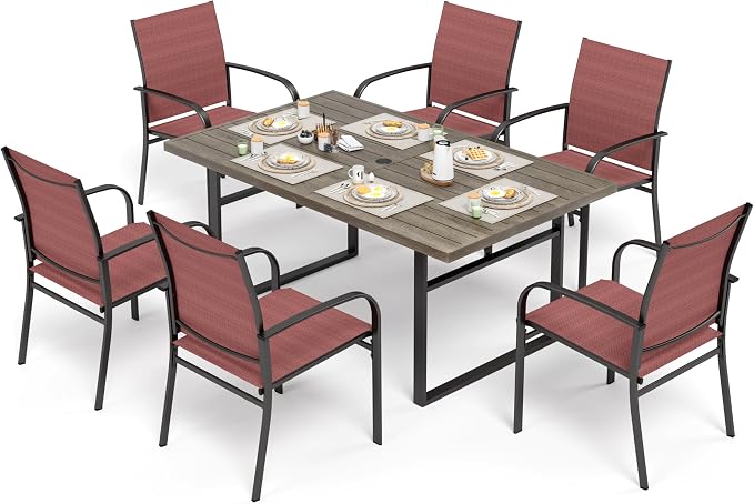 SUNSHINE VALLEY 7 Piece Patio Dining Set for 6, 64”Rectangular Wood-Like Dining Table with Umbrella Hole, 6 Metal Red Chairs, Outdoor Table and Chairs Set for Lawn Backyard and Deck