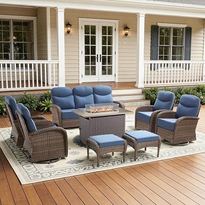 8-Piece Luxury Patio Furniture Set with 42.5" Fire Pit Table, Outdoor Wicker Sofa Couch & Swivel Rocker Chairs with 6-inch Thick Cushion, Conversation Set for Poolside, Deck & Yard - Blue