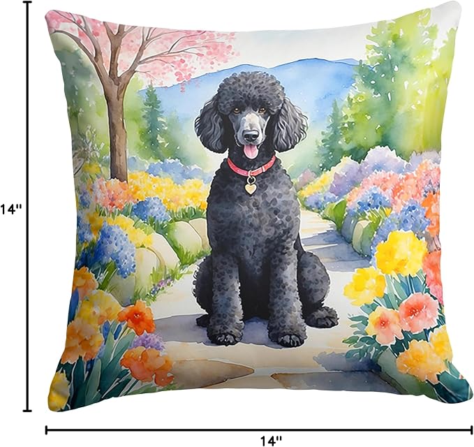 Caroline's Treasures Black Poodle Spring Path Throw Pillow Machine Washable, Indoor Outdoor Decorative Pillow for Couch, Bed or Patio, 14Hx14W