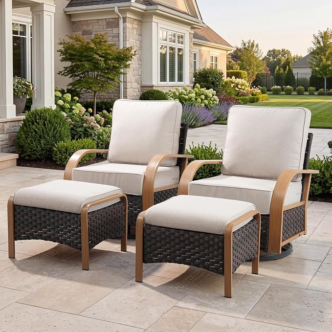 Belord 4 Piece Patio Furniture Set with 6-Inch Thick Cushions, Outdoor Swivel Chairs Set with Ottomans,Wicker Rocker Patio Chairs, All-Weather Wicker Conversation Set for Garden Porch, Wood & Beige