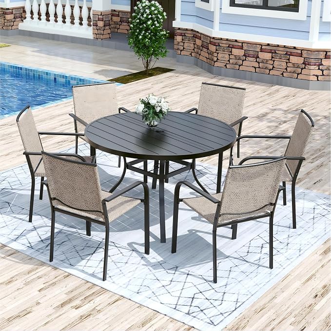 Anmutig 7 Piece Patio Dining Set 48 Inch Round Table Stackable Chairs Beige | Powder-Coated Steel Frame, Quick-Dry Textilene Mesh, Dual-Size Umbrella Hole, Weather Resistant, Patio, Garden, Backyard