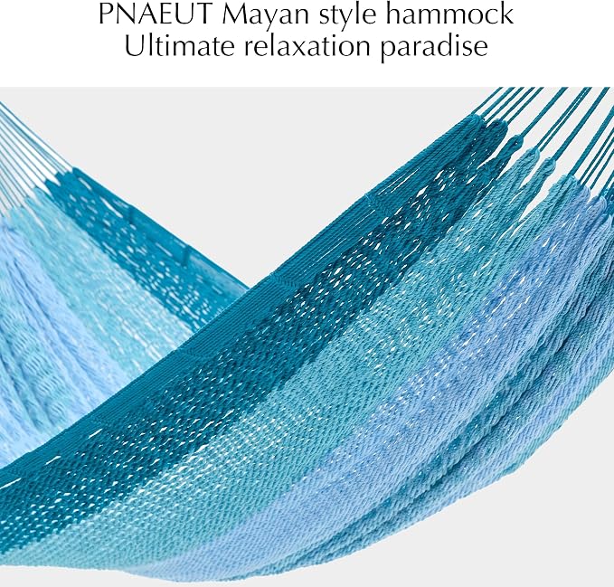 PNAEUT Handwoven Mayan Hammock, Thick Soft Rope Double Hammock for Outdoor Outside & Indoor, 600 lbs Capacity Heavy-Duty, Includes Tree Straps, Carabiners & Carrying Bag (Pine Lake, X-Large)