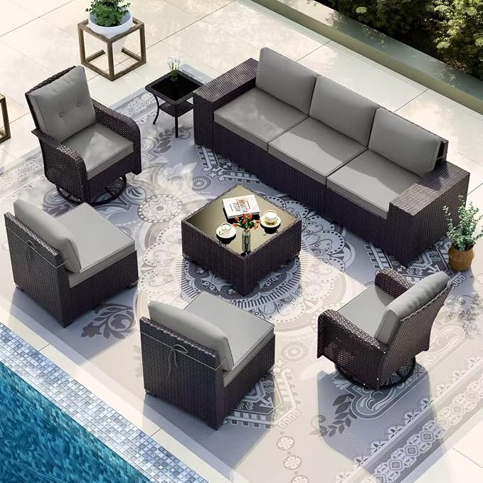 Gotland 9 Pieces Patio Furniture Set with 2 Swivel Chairs, 7-Seater Patio Furniture in 4 Combinations with Wide Armrests 29.5'' High Backrest, Wicker Outdoor Sectional for Deck Garden Pool Gray