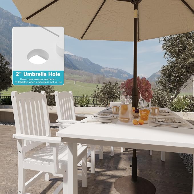 ROCSUMOO Outdoor Dining Table, 70" HDPE Dining Table with Umbrella Hole for 6-8 (White)