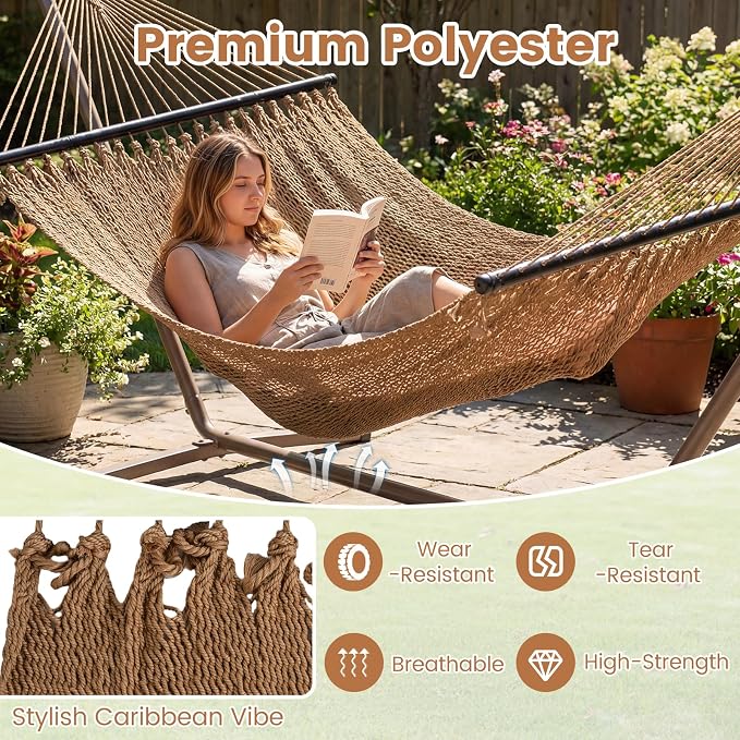 Tangkula 10.5FT Caribbean Double Hammock, Heavy Duty Portable Hammock with Curved Spreader Bars, Soft-Spun Polyester Rope, 2 Person Outdoor Hammocks for Outside, 600 lbs Max Load