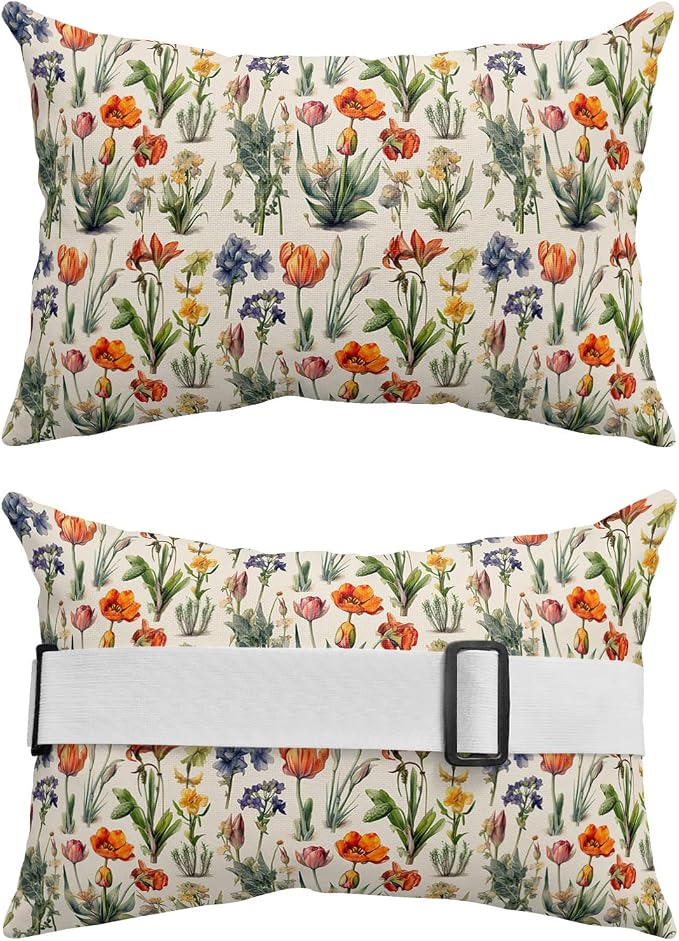 Outdoor Pillows Covers with Inserts Vintage Flowers Plantl Colorful Flowers Green Leaves Waterproof Pillow with Adjustable Strap Throw Pillows for Patio Furniture Recliner Lounge Chair, 11"x16", 1PCS