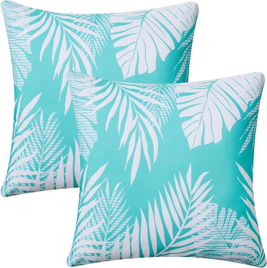 Allorry Outdoor Pillow Covers 18x18 Set of 2 Tropics Palm Leaves Blue Floral Pattern Decoration Throw Pillow Covers for Outdoor Waterproof Furniture Garden Patio Sofa Bedroom Home Decor JB008-E18