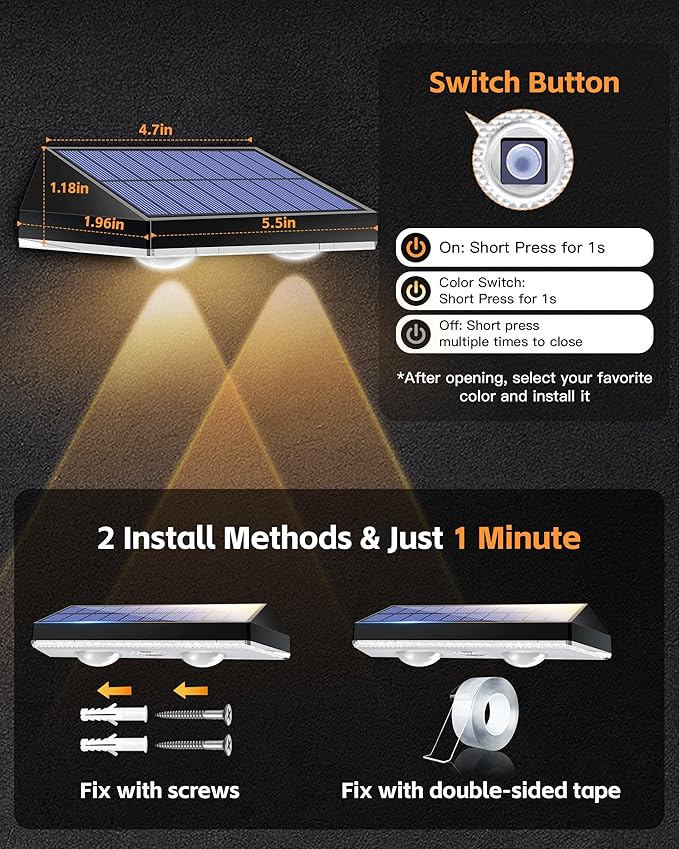 Solar Fence Lights Outdoor, Waterproof LED, 3Lighting Modes (Warm/Neutral/White), SolarPowered Wall Lights with 500mAhBattery,Solar Fence Lights lP65 Weatherprooffor Garden, Yard, Balcony(12Pack)