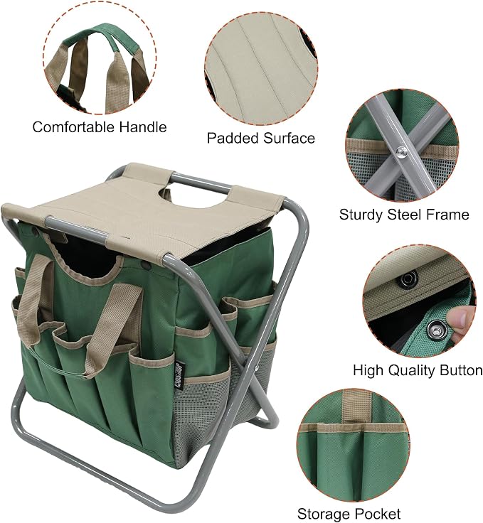 MDSTOP Folding Gardening Stool with Detachable Storage Tote Bag, Gardening Tools Set Organizer for Fishing Outdoor Sports Hiking Camping Garden, Gardening Gifts for Mom/Dad and Gardeners