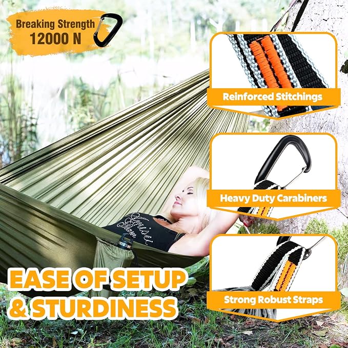 NATUREFUN Ultra-Light Travel Camping Hammock | 300kg Load Capacity,Breathable,Quick-Drying | 2 x Premium Carabiners,2 x Nylon Slings Included | Outdoor Indoor Garden