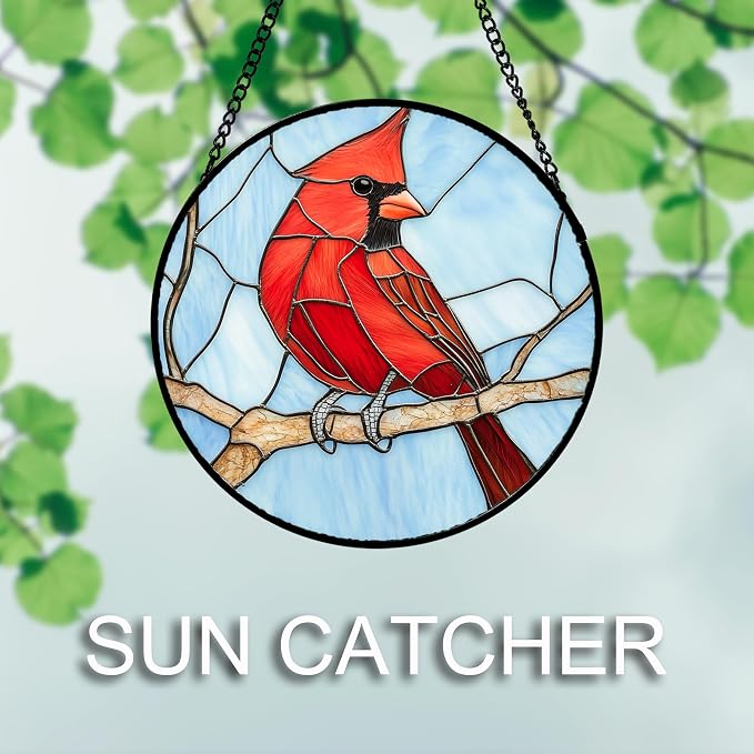 Stained Glass Window Hanging 4 Pcs Set Cardinal Blue Birds 7.8" - Suncatcher Door Garden Sun Catcher Decor Birthday Mother's Day for Bird Lovers Men Woman Nana Friend